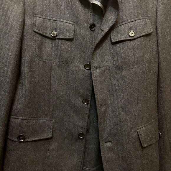 Hugo Boss $450 Mens Herringbone Charcoal Gray Wool Military Style‎ Jacket Sz 38R - Picture 3 of 10